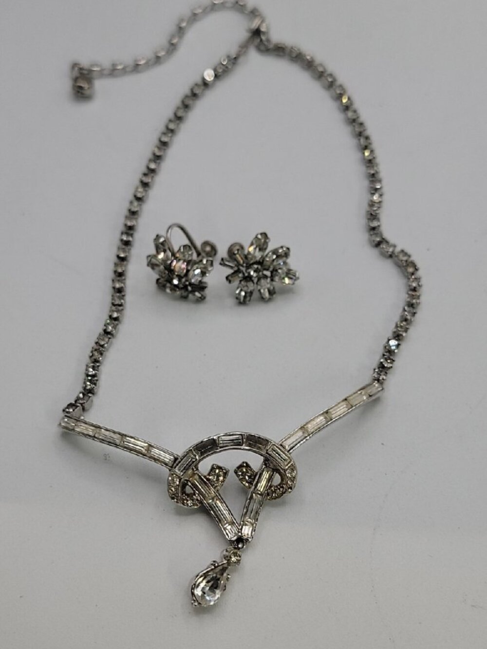 Kramer NY Cocktail Necklace & Earrings Demi-parure Estate Icy Rhinestone Vintage